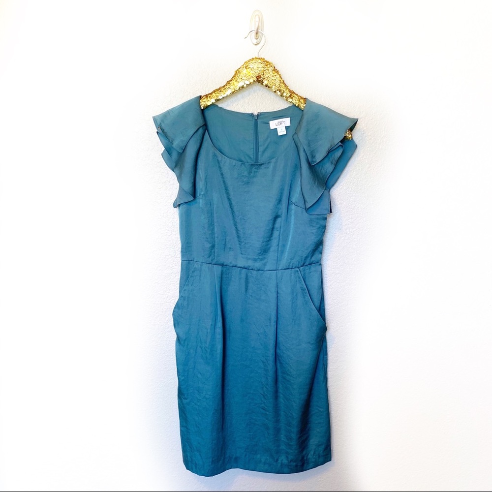 Ann Taylor LOFT Flutter Sleeve Sheath Teal Dress